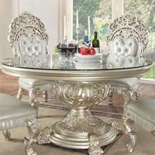 Acme Furniture Sandoval Beige Champagne 5Pc Pedestal Dining Room Set