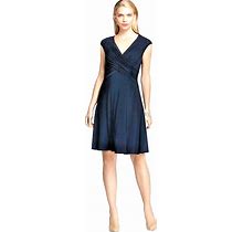 Adrianna Papell Navy Jersey & Lace Ruched V-Neck A-Line Party Dress 14