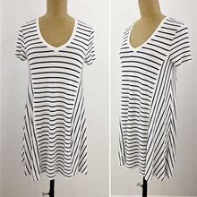 Zara Dresses | Zara White Black Striped V Neck Short Sleeve Knit Swing Shirt Dress Size Small S | Color: Black/White | Size: S