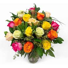 Member's Mark Roses Bouquet W/ Greenery + Vase (Rainbow, 18 Stems)