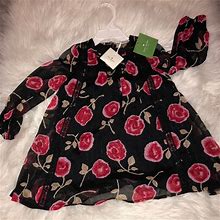 Kate Spade Dresses | Kate Spade Chiffon Pleated Roses Dress | Color: Black/Red | Size: 24Mb