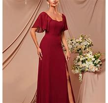 Solid Color V-Neck Backless Split Dress, Women's Mesh Elegant Mesh Dress Women's Clothing Dress For Party,Burgundy,Reliable,By Temu