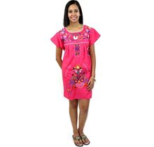 Mexican Dress Puebla Short Mini Summer Dress | For Women Sizes S-XL | Multi Color Hand Embroidery Hot Pink (Size: Small) | By Leos Imports
