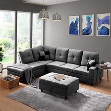Longrune Sectional Sofa Couch 5-Seat L-Shape Corner Set With Chaise & Ottoman & 2 Pillows For Small Space, 103.5Inch, Grey