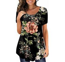 Wangxldd Plus Size Tunic Tops For Women To Wear With Leggings Short Sleeve Floral Floral Printed Clothes Button Down Fashion Loose Fit Clothing,Navy X