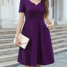 Solid Color V-Neck Pocket Scallop Dress, Women's Flared Trim Elegant V Neck Women's Clothing Short Sleeve Dress,Dark Purple,Handpicked,Temu