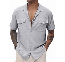 Men's Cuban Guayabera Linen Shirts Casual Short Sleeve Button Down Shirts Summer Beach Top With Pocket