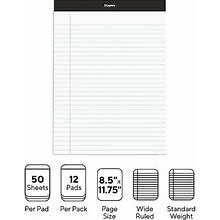 Staples Notepad, 8.5" X 11.75", Wide Ruled, White, 50 Sheets/Pad, 72 Pads/Pack (23643CT)