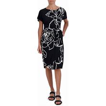 Robbie Bee Floral Print Elbow Short Sleeve Round Neck Gathered Side Tie Knit Sheath Dress, Womens, M, Black/White