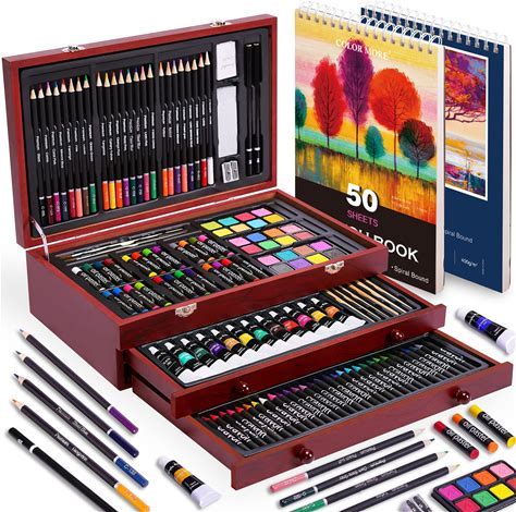 175 Piece Deluxe Art Set With 2 Drawing Pads, Acrylic Paints, Crayons,  Colored Pencils Set In Wooden Case, Professional Art Kit, For Adults, Teens