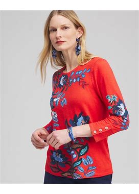 Women's Floral 3/4 Sleeve Button T-Shirt In Orange Size Small | Chico's