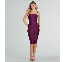 Windsor Iconic Silhouette Ruched Bodycon Midi Dress In Wine | Size: XS | Knit Fabric