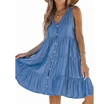 CUPSHE Women's V Neck Button Mini Dress A Line Sleeveless Ruffled Summer Dress Short Dress