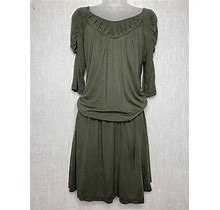 Clu Large Olive Green Drop Waist Dress Soft Rayon Jersey Knit Gathered