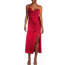 Xtraordinary Satin Cowl Neck Shirred Side Slit Midi Slip Dress, Womens, Juniors, S, Ruby Red