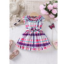 Baby Girls' Colorful Grid Pattern Double Layered Collar Puff Sleeve Sweet Princess Dress For summer,9-12m