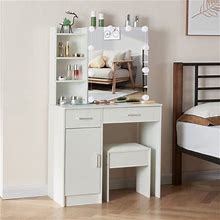 White Vanity Table Set With Drawers And Cabinet Makeup Table With Lighted Mirror &Stool Bedroom Dressing Table