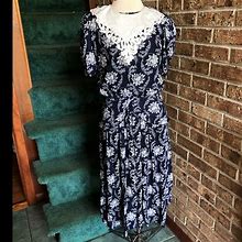 Usa Petites Dresses | Vtg 70S 80S Navy Blue Cottage Core Floral Paisley Dress | Color: Blue/White | Size: M