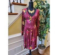 Old Navy Dress Large Plum Floral Shift V-Neck Long Sleeves Pleated