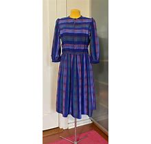 80'S Secretary Dress. Polyester Vibrant Plaid Stripes. Pleated Bodice With Peak-A-Boo V Neck Closure. Pull Over.