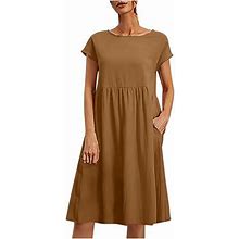 Summer Savings Clearance 2024! Loopsun Womens Summer Dresses, Cotton And Linen Crew Neck Short Sleeve Solid Casual Midi Dress Coffee B