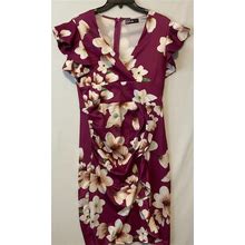 Chicme Floral Dress Womens Size L Purple Flutter Sleeve V Neck Pleated