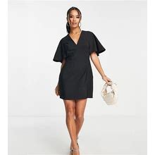 ASOS DESIGN Petite V Neck Mini Dress With Fluted Sleeves In Black - Black (Size: 0)