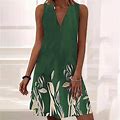 Vkekieo Flowy Dresses For Women Mini V-Neck Sleeveless Floral Green XXL
