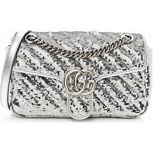 GUCCI Sequin Matelasse Small GG Marmont Shoulder Bag Silver