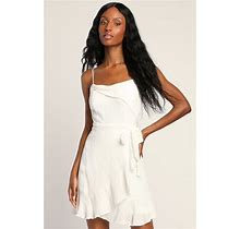White Ruffled Faux-Wrap Mini Dress | Womens | Large | 100% Polyester | Lulus