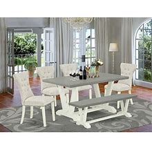East West Furniture V-Style 6-Piece Wood Dining Set In White/Doeskin/Cement