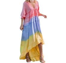 Sun Dresses Women Summer Casual V-Neck Half Sleeve High Low Maxi Dress Colorful Print Button Ruffle Long Beach Dress