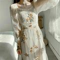 Lady Embroidery Floral Mesh Ruffle Retro Elegant Midi Fashion Dress