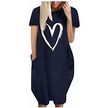 Yuehao Dresses For Women Fashion Women Loose Love Print O-Neck Pockets Casual Short Sleeves Dress (Navy Blue L)