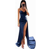 HAIGORO Women's Spaghetti Straps Satin Mermaid Prom Dress Long With Slit Pleated Bodycon Evening Formal Gowns