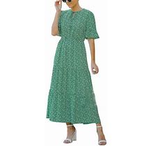 Wybzd Women Floral Round Neck Long Dresses Casual Flowy Ruffle High Waist Maxi Dress Green M