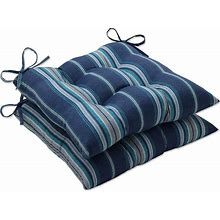 Pillow Perfect Stripe Indoor/Outdoor Chair Seat Cushion With Ties, Tufted, Weather, And Fade Resistant, 18.5" X 19", Blue/Grey Terrace, 2 Count