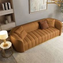 89" Modern Deep Orange Faux Leather Upholstered 3-Seater Sofa With Gold Legs