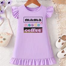 Mama Needs Coffee With Heart Graphic Print, Baby Girls' Comfy Crew Neck Ruffle Trim Cotton Dress For Spring & Summer,Light Purple,Great Value,Temu