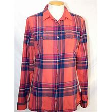 Kuhl Women's Peach Plaid Fitted W/Pockets & Inner Eyeglass Cloth Blouse Sz-Med.
