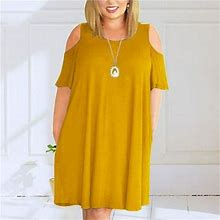Xiaoffenn Beach Dresses For Women, Women's Plush Size Dress Summer Casual Spaghetti Strap Sundress Cold Shoulder Ruffle Sleeves Dresses Yellow 18