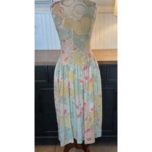 Vintage Pastel Floral Cotton Knit Sleeveless Sundress Dress By Emily's Closet Size M- Summer Knit Dress, Lounge Dress, Grunge Dress