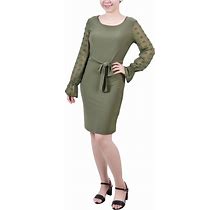Ny Collection Petite Long Chiffon-Sleeve Knit Dress - Chive - Size PXL