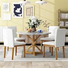 Merax Extendable Round Dining Room Table Set With Chairs For 4-6 Persons, 5 Piece Kitchen Dining Table Set Farmhouse Style, Round Table With 16-Inch