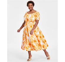 I.N.C. International Concepts Plus Size Floral-Print Smocked Midi Dress, Created For Macy's - Maya Garden Mango - Size 3X