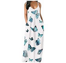 Dress For Women V-Neck Sling Backless Maxi Dress Heart Paw Print Long Dress Casual Beach Dress With Pockets White
