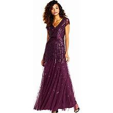 Adrianna Papell Womens Long Beaded Vneck Dress With Cap Sleeves And Waistband Cassis 10