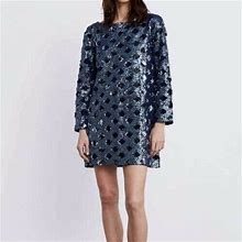 Zara Dresses | Zara Knit Sequin Long Sleeve Mini Dress Sz Large | Color: Black | Size: L