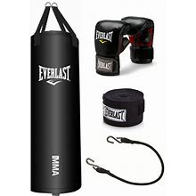 Everlast Nevatear Durable 70 Pound Hangable Heavy Punching Bag With Boxing Gloves, Hand Wraps, Bungee Cord, And Assembly Chain, Black