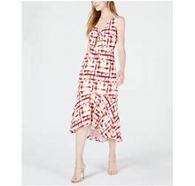 Leyden Womens Red Printed Sleeveless V Neck Tea-Length Sheath Dress L